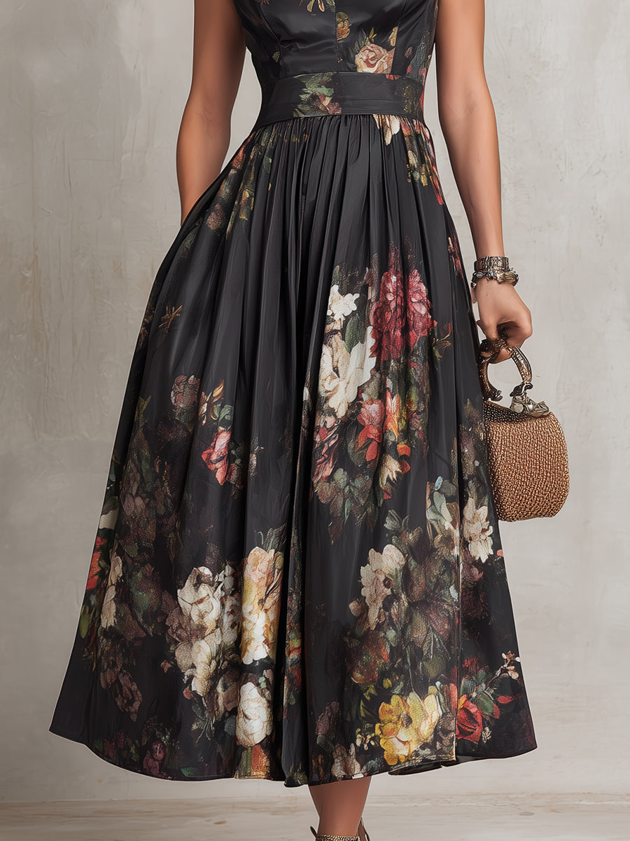 Victoria | Women’s Floral Print Midi Dress | Mandarin Collar Wedding Guest-Women Dress-Pick NewYork