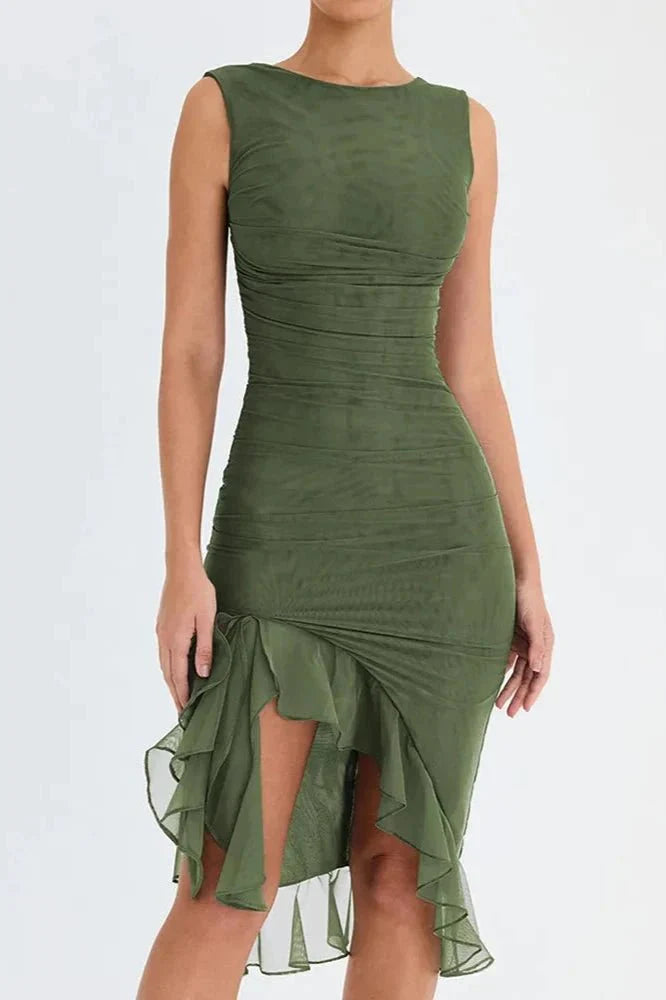 Viviana | Women’s Asymmetric Midi Dress | Sleeveless Ruched Cocktail-Women Dress-Pick NewYork