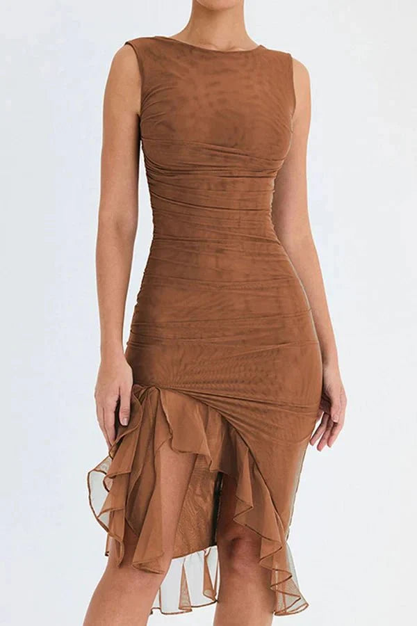 Viviana | Women’s Asymmetric Midi Dress | Sleeveless Ruched Cocktail-Women Dress-Pick NewYork