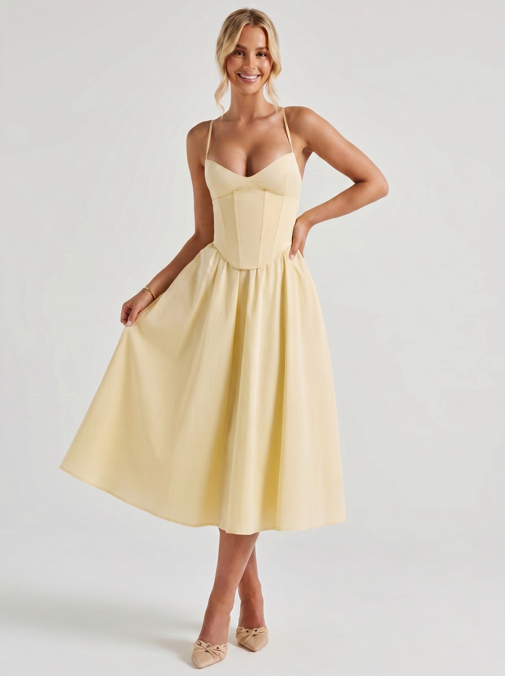 Vivienne | Women's Fit And Flare Midi Dress | Corset Bodice Spaghetti Straps-Midi Dresses-Pick NewYork