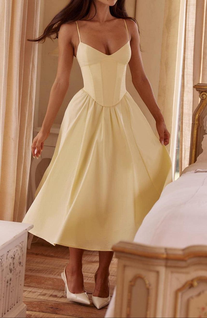Vivienne | Women's Fit And Flare Midi Dress | Corset Bodice Spaghetti Straps-Midi Dresses-Pick NewYork