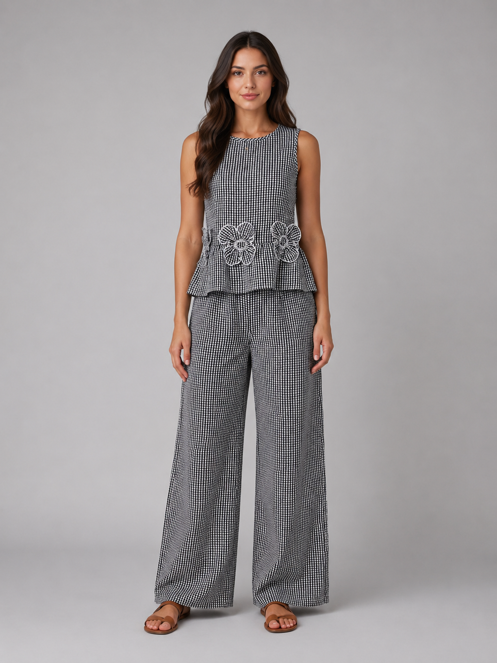 Celine | Women's Gingham Two Piece Set | Sleeveless Wide Leg Outfit-Women Set-Pick NewYork