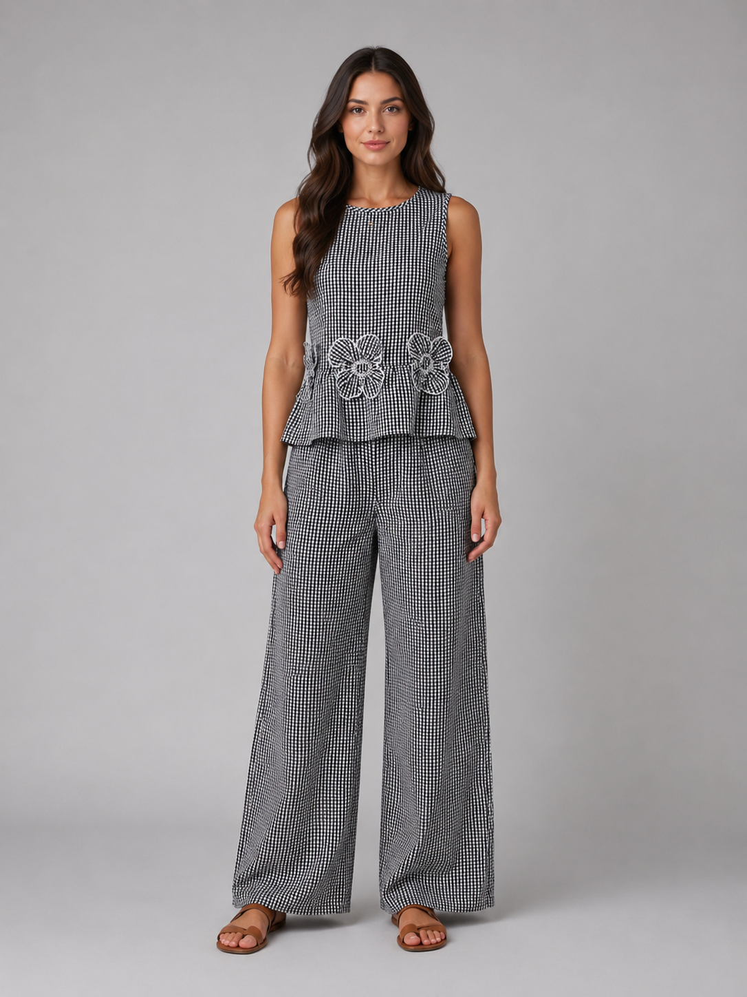 Celine | Women's Gingham Two Piece Set | Sleeveless Wide Leg Outfit-Women Set-Pick NewYork