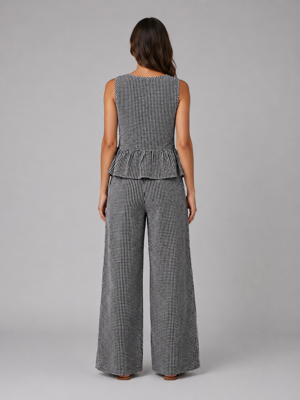 Celine | Women's Gingham Two Piece Set | Sleeveless Wide Leg Outfit-Women Set-Pick NewYork