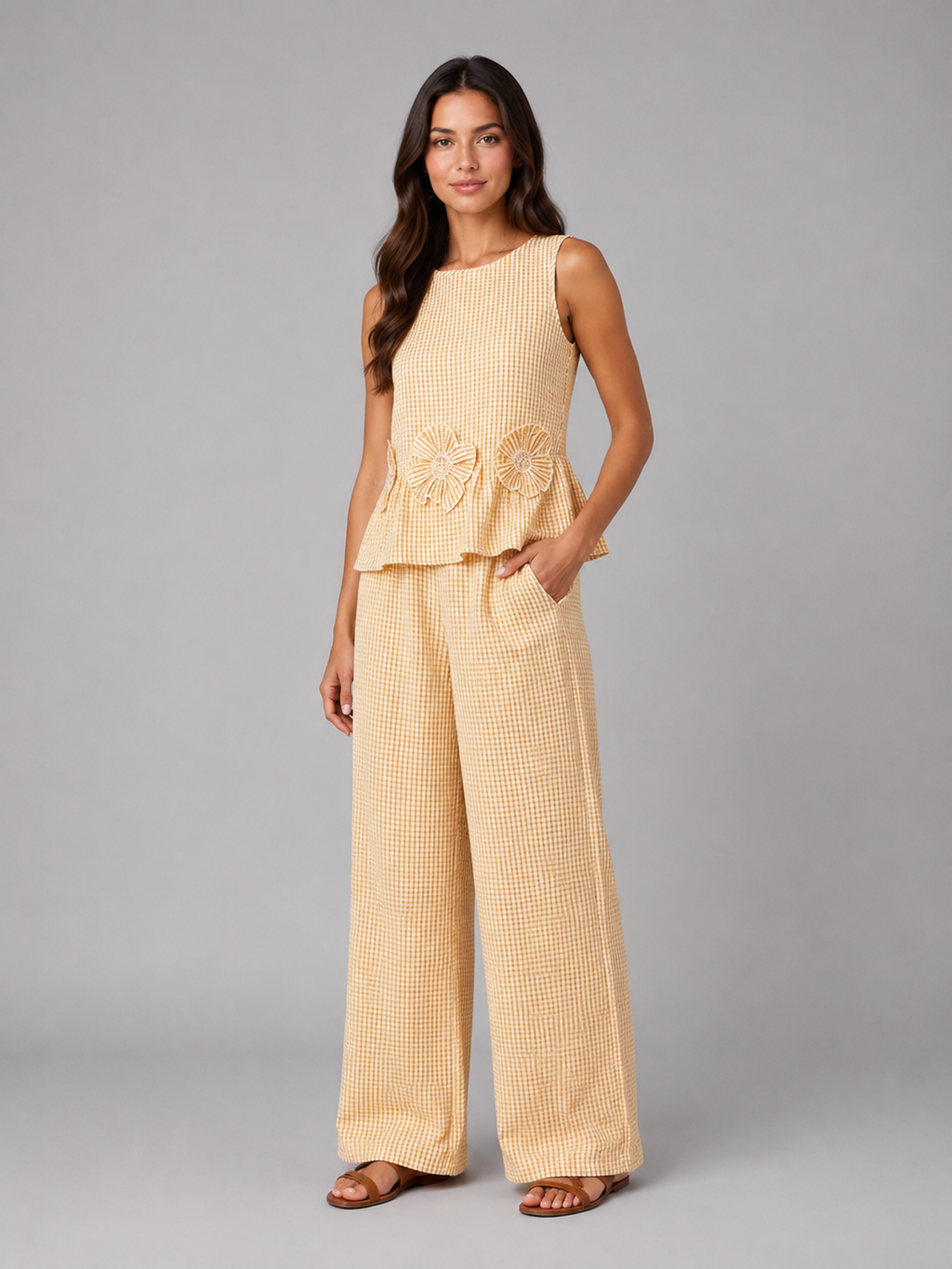 Celine | Women's Gingham Two Piece Set | Sleeveless Wide Leg Outfit-Women Set-Pick NewYork