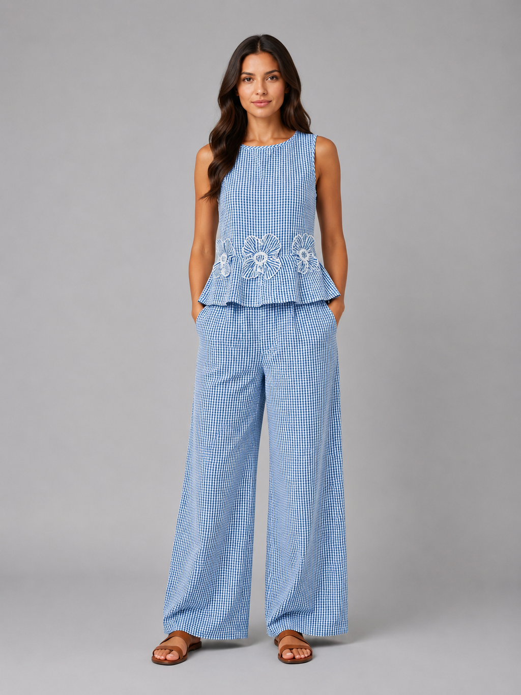 Celine | Women's Gingham Two Piece Set | Sleeveless Wide Leg Outfit-Women Set-Pick NewYork