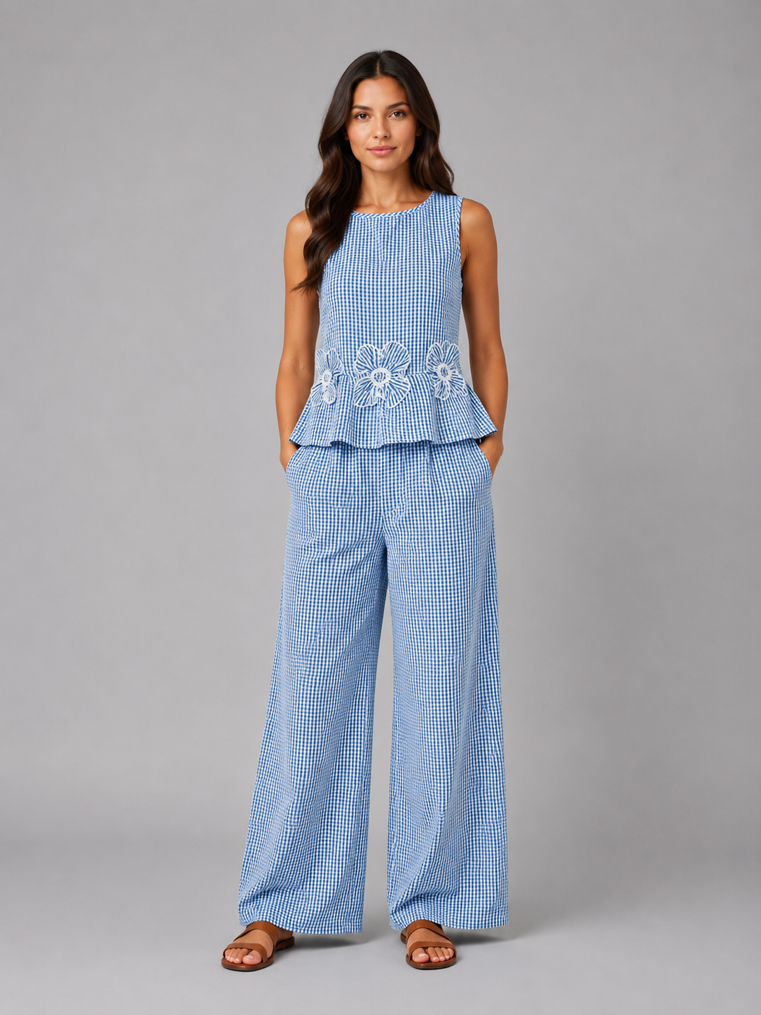Celine | Women's Gingham Two Piece Set | Sleeveless Wide Leg Outfit-Women Set-Pick NewYork