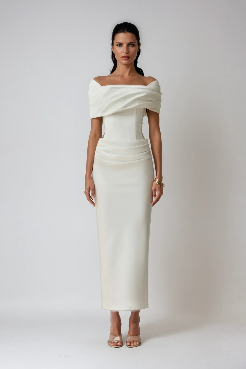 Vivienne | Women's Off Shoulder Midi Dress | Draped Fitted Cocktail Wear-Women Dress-Pick NewYork