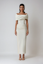 Vivienne | Women's Off Shoulder Midi Dress | Draped Fitted Cocktail Wear-Women Dress-Pick NewYork