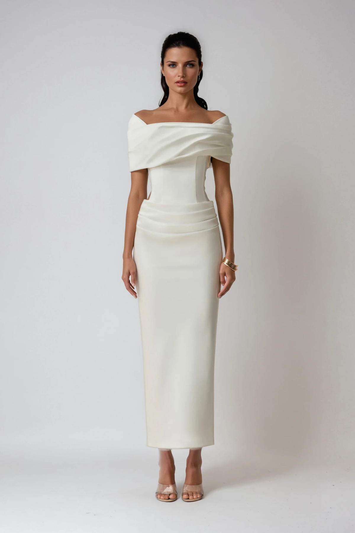 Vivienne | Women's Off Shoulder Midi Dress | Draped Fitted Cocktail Wear-Women Dress-Pick NewYork
