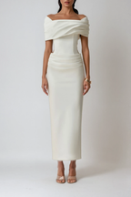 Vivienne | Women's Off Shoulder Midi Dress | Draped Fitted Cocktail Wear-Women Dress-Pick NewYork