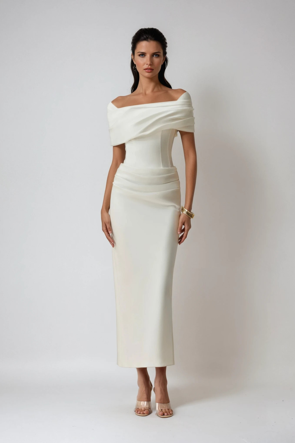 Vivienne | Women's Off Shoulder Midi Dress | Draped Fitted Cocktail Wear-Women Dress-Pick NewYork