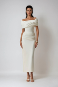 Vivienne | Women's Off Shoulder Midi Dress | Draped Fitted Cocktail Wear-Women Dress-Pick NewYork