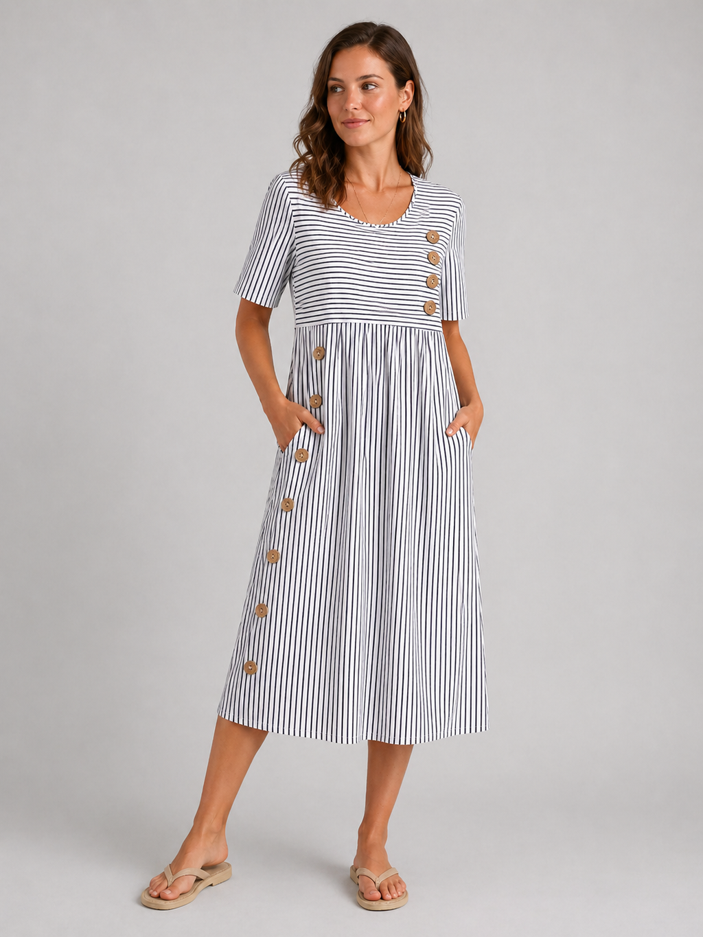 Sienna | Women's Striped Midi Dress | Button Detail Casual Dress-Women Dress-Pick NewYork