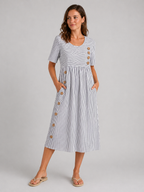 Sienna | Women's Striped Midi Dress | Button Detail Casual Dress-Women Dress-Pick NewYork