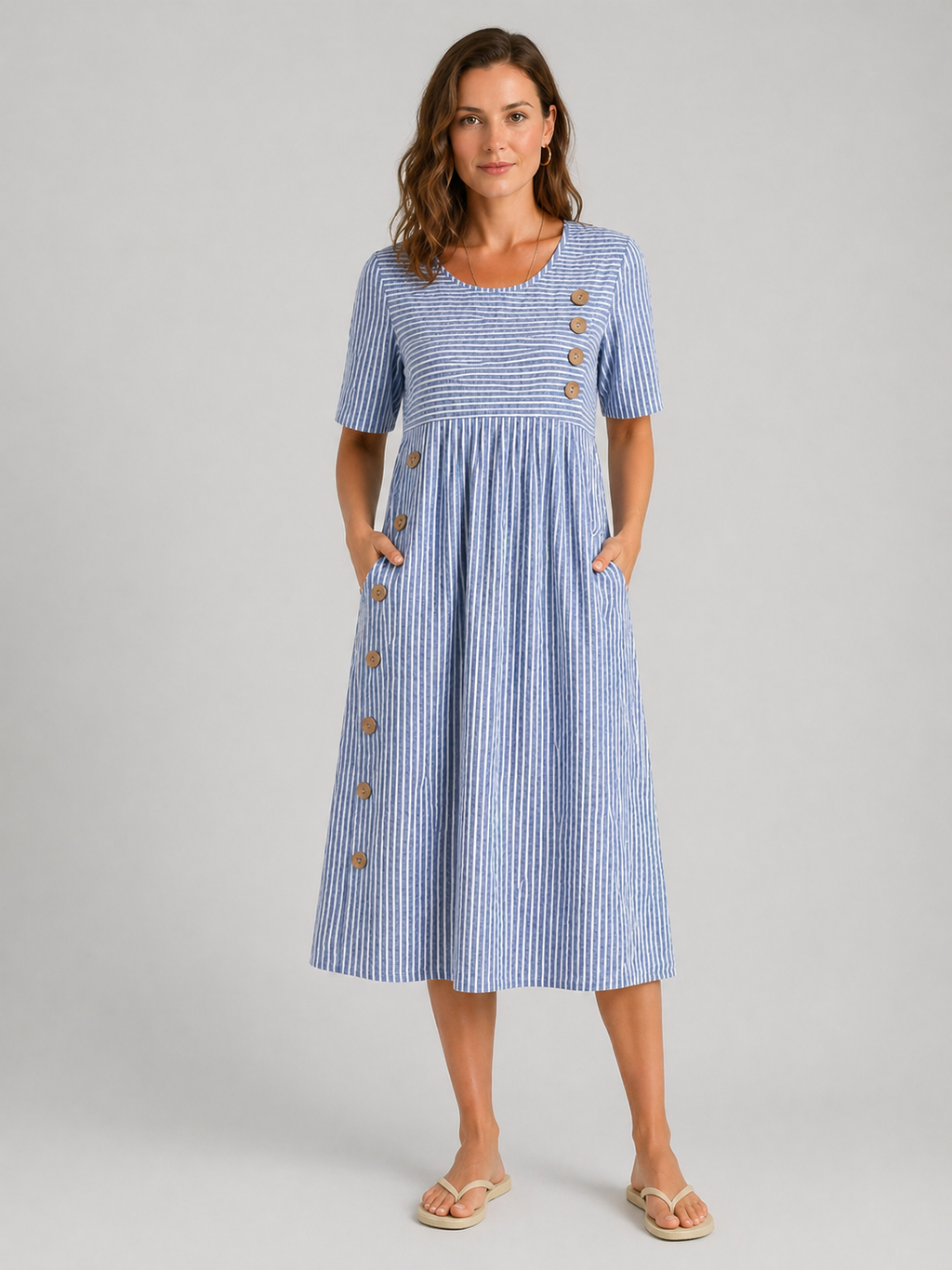 Sienna | Women's Striped Midi Dress | Button Detail Casual Dress-Women Dress-Pick NewYork