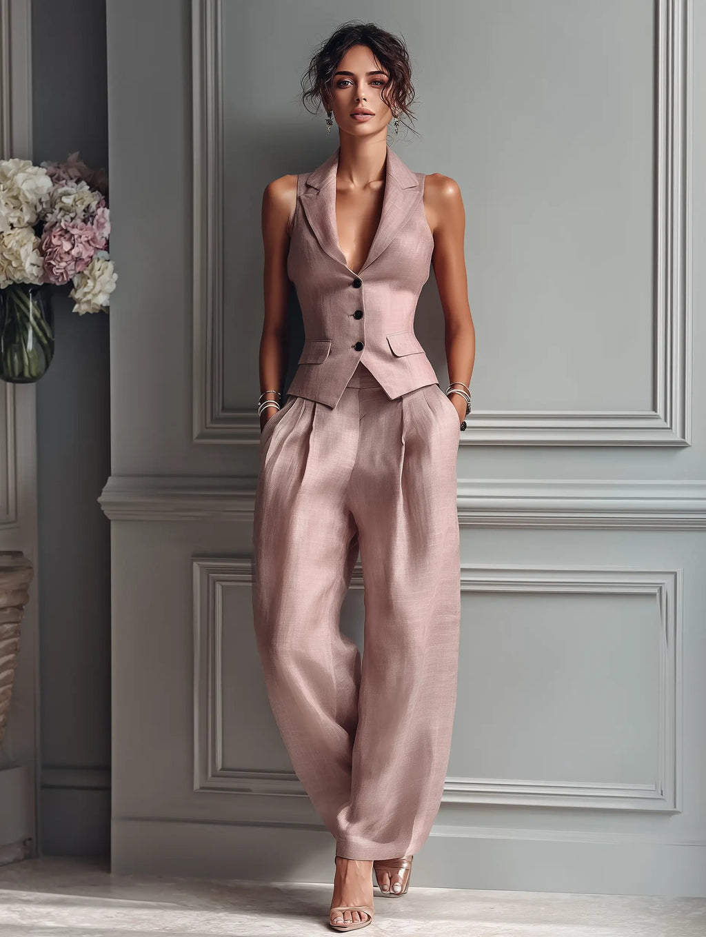 Vivienne | Women’s Vest And Pants Set | Wide Leg Cocktail Party-Women Outfit Set-Pick NewYork