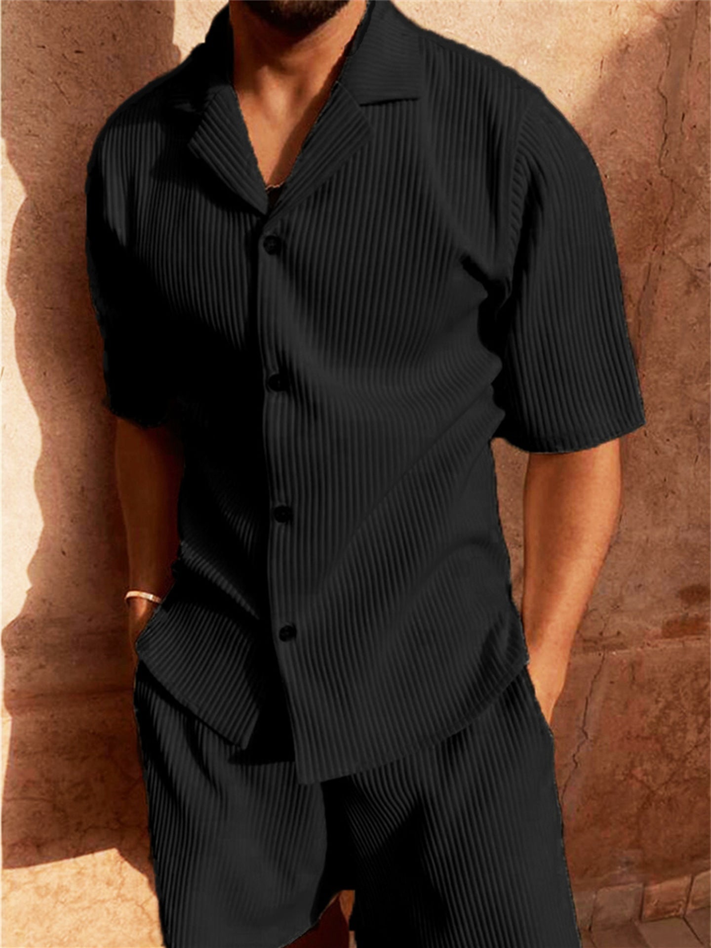 Weston | Men’s Textured Shirt And Shorts Set | Short Sleeve Button Front Casual Wear-Men Outfit Set-Pick NewYork