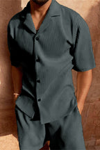 Weston | Men’s Textured Shirt And Shorts Set | Short Sleeve Button Front Casual Wear-Men Outfit Set-Pick NewYork