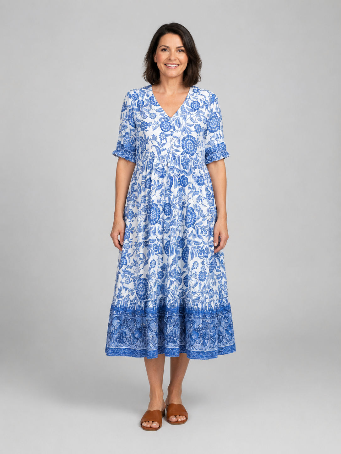 Willow | Women's Floral Print Midi Dress | V Neck Tiered Skirt-Women Dress-Pick NewYork