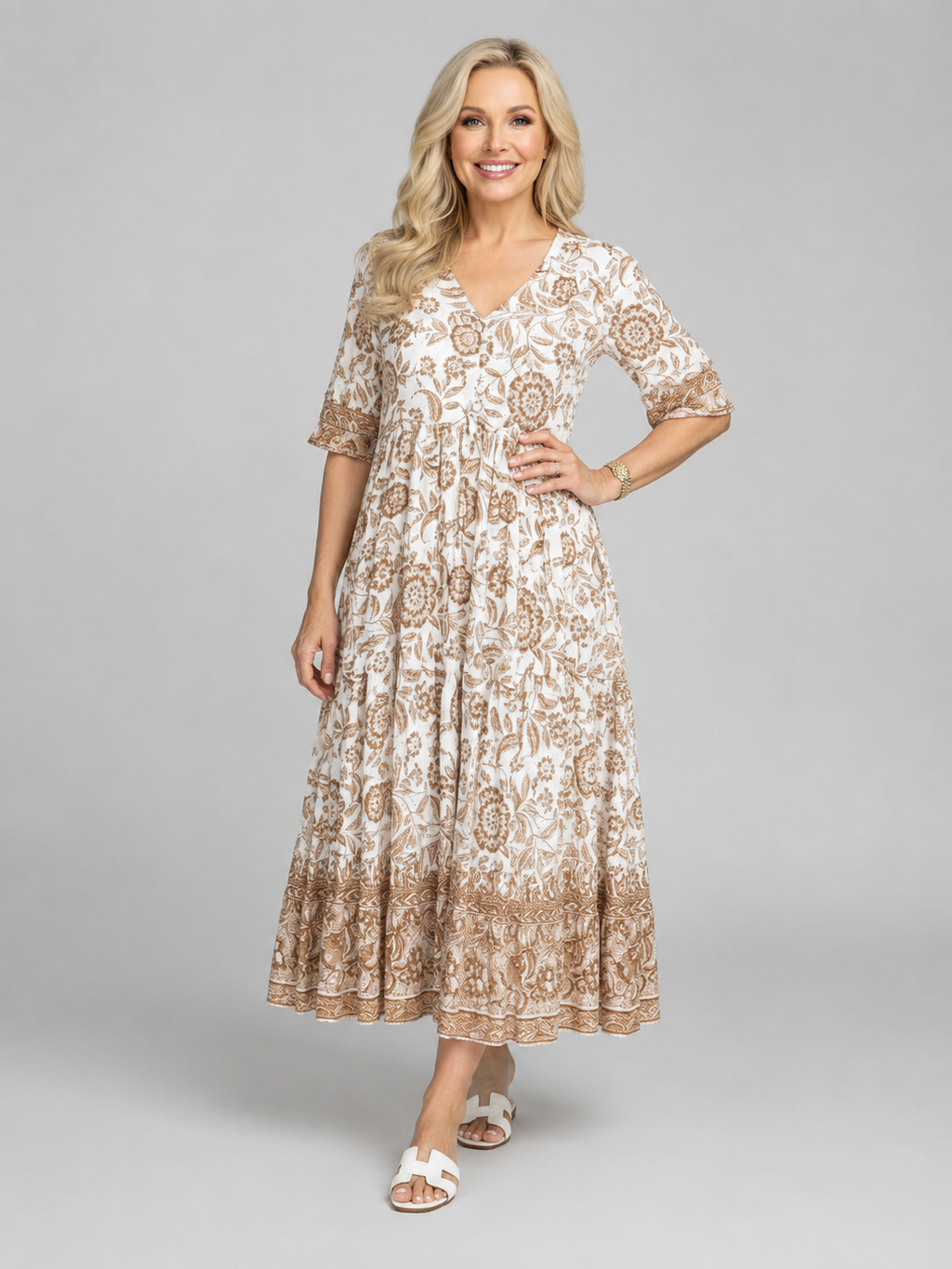Willow | Women's Floral Print Midi Dress | V Neck Tiered Skirt-Women Dress-Pick NewYork