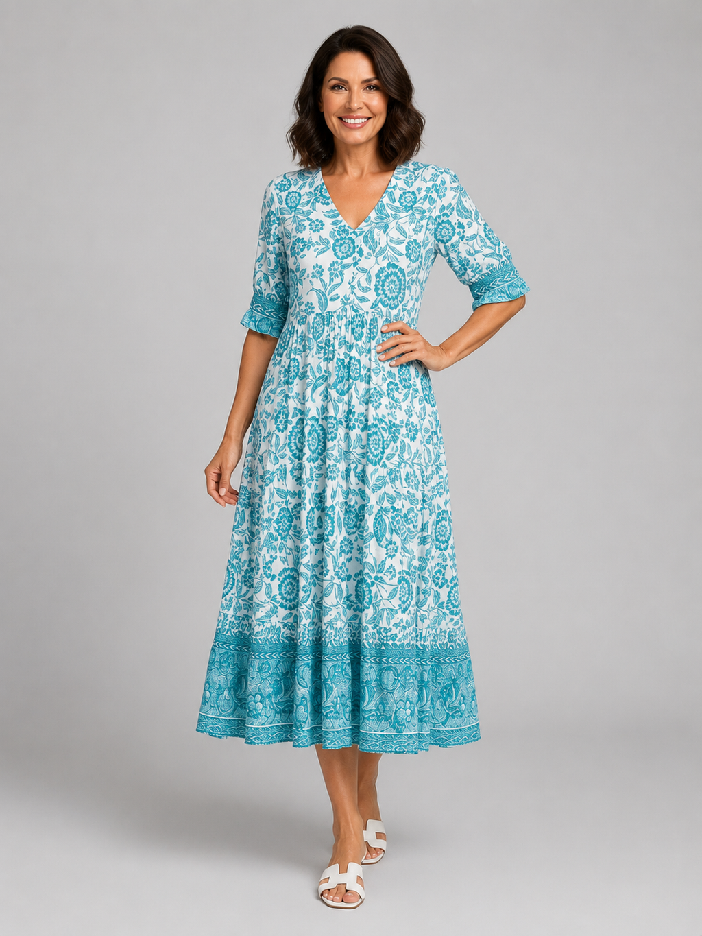 Willow | Women's Floral Print Midi Dress | V Neck Tiered Skirt-Women Dress-Pick NewYork