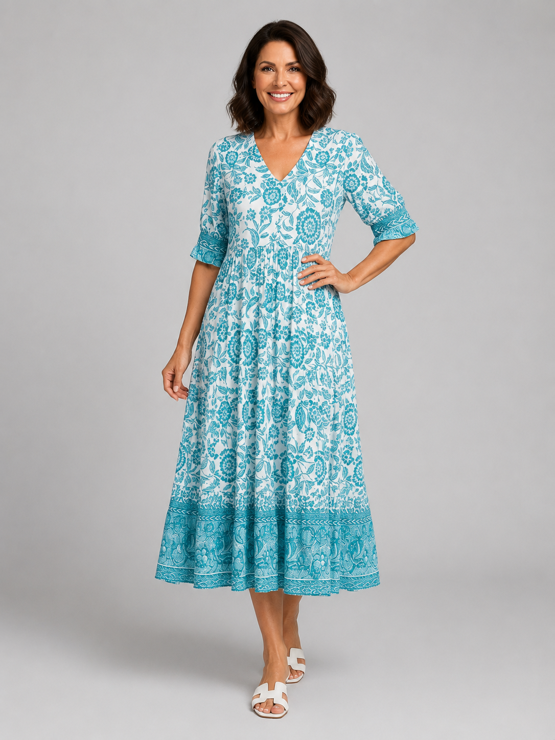Willow | Women's Floral Print Midi Dress | V Neck Tiered Skirt-Women Dress-Pick NewYork
