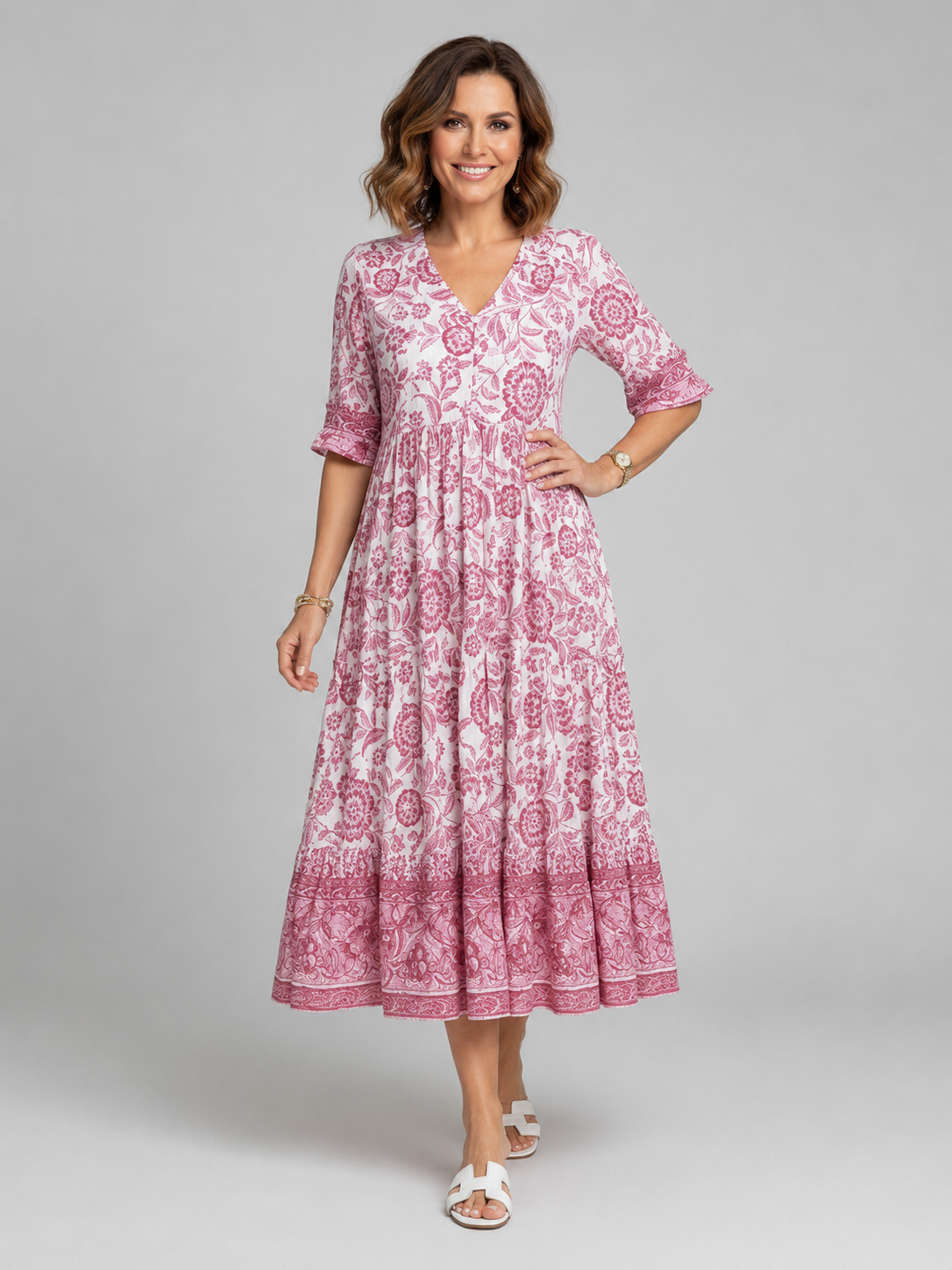 Willow | Women's Floral Print Midi Dress | V Neck Tiered Skirt-Women Dress-Pick NewYork