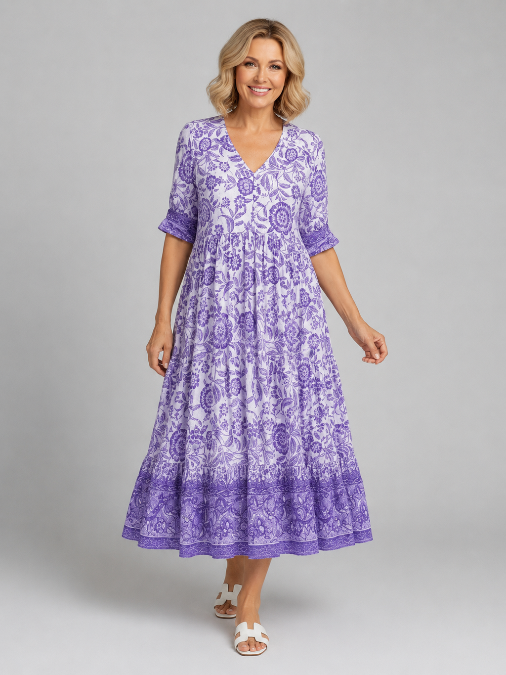 Willow | Women's Floral Print Midi Dress | V Neck Tiered Skirt-Women Dress-Pick NewYork