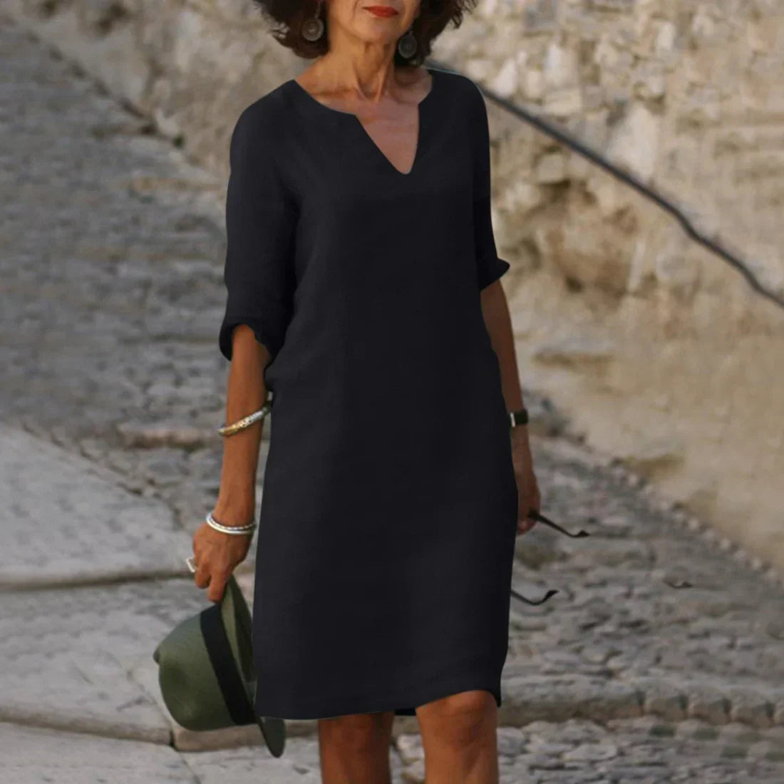 Willow | Women’s V Neck Shift Dress | Three Quarter Sleeves-Women Dress-Pick NewYork
