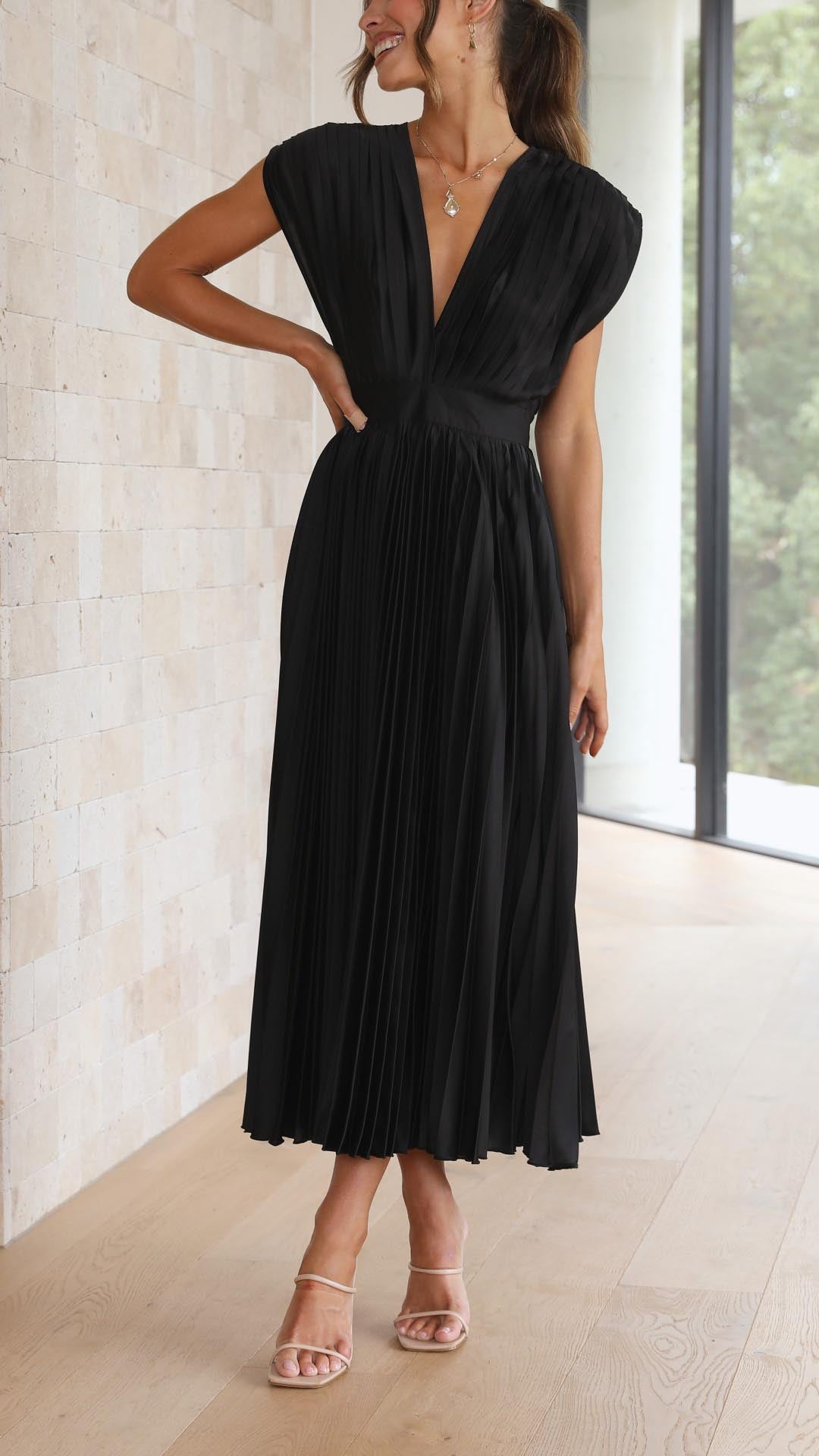 Harper | Women's Pleated Midi Dress | V Neck Wedding Guest-Women Dress-Pick NewYork