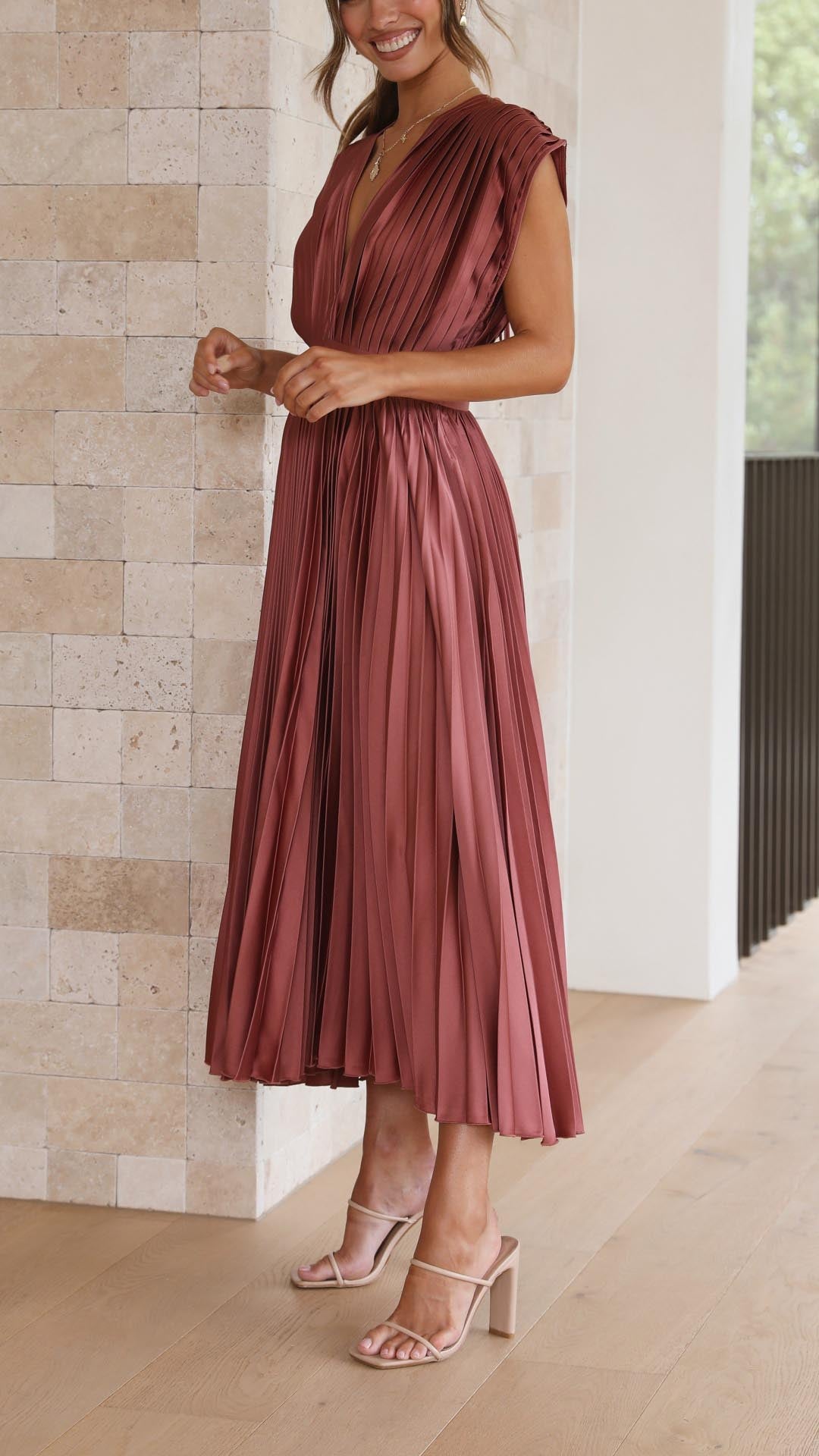 Harper | Women's Pleated Midi Dress | V Neck Wedding Guest-Women Dress-Pick NewYork