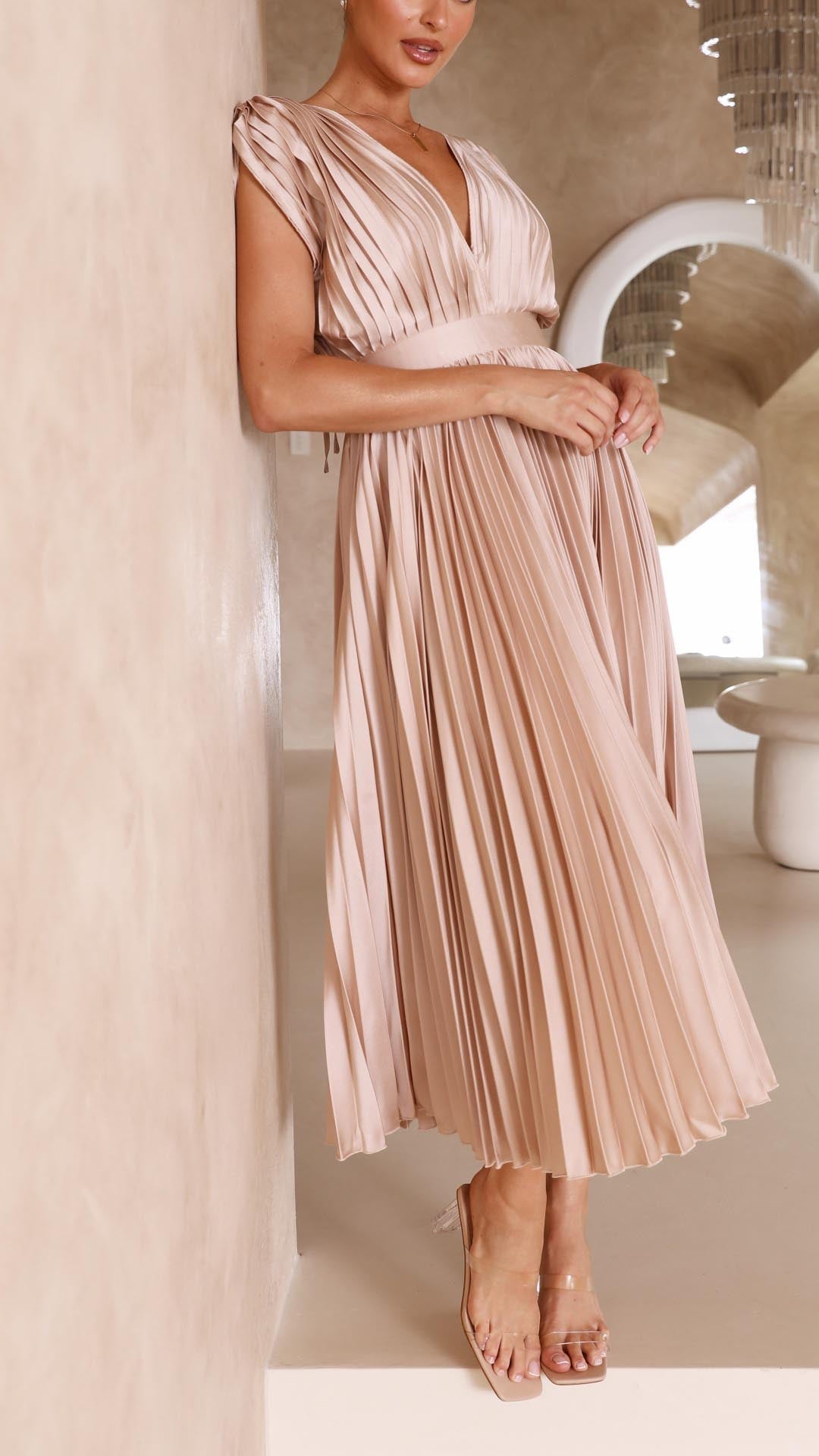 Harper | Women's Pleated Midi Dress | V Neck Wedding Guest-Women Dress-Pick NewYork