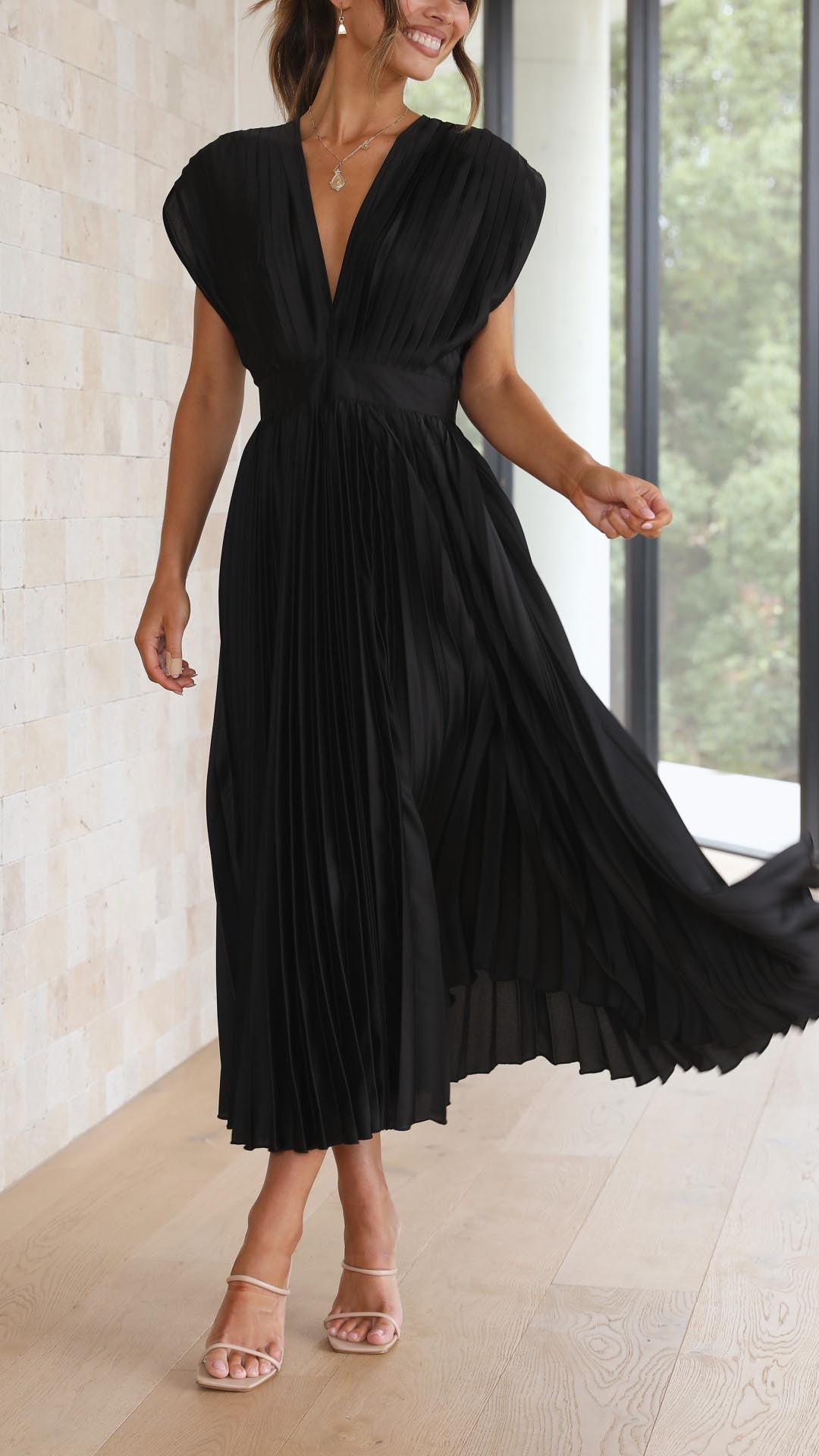Harper | Women's Pleated Midi Dress | V Neck Wedding Guest-Women Dress-Pick NewYork