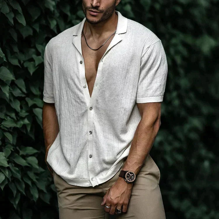 Wyatt | Men’s Short Sleeve Button Front Shirt | Open Collar Solid Color Casual Wear-Men Shirt-Pick NewYork