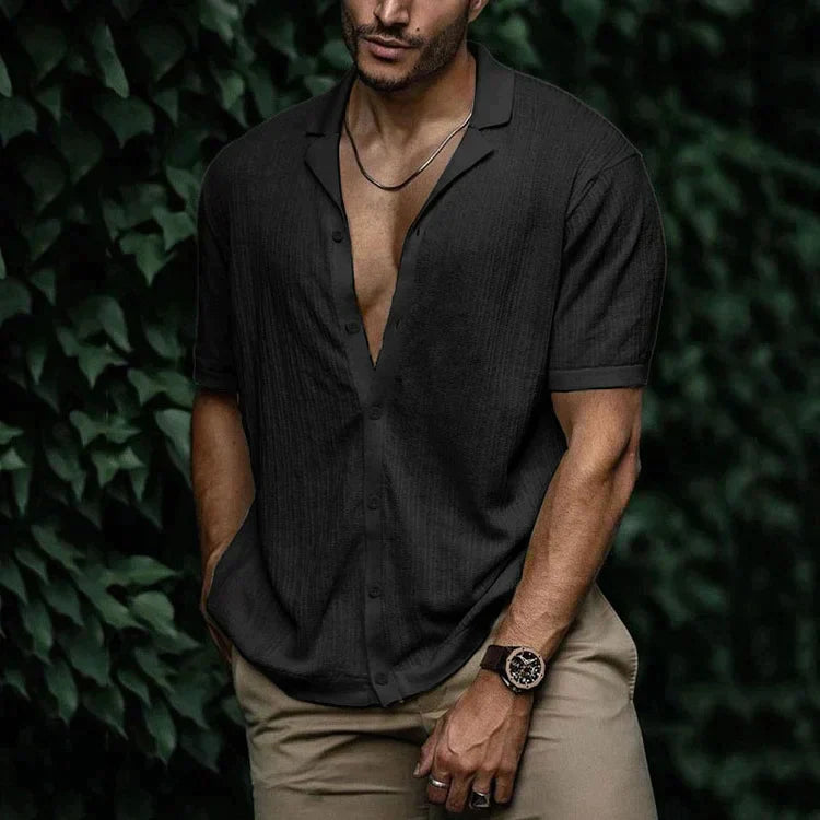 Wyatt | Men’s Short Sleeve Button Front Shirt | Open Collar Solid Color Casual Wear-Men Shirt-Pick NewYork