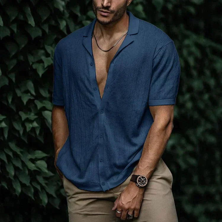 Wyatt | Men’s Short Sleeve Button Front Shirt | Open Collar Solid Color Casual Wear-Men Shirt-Pick NewYork