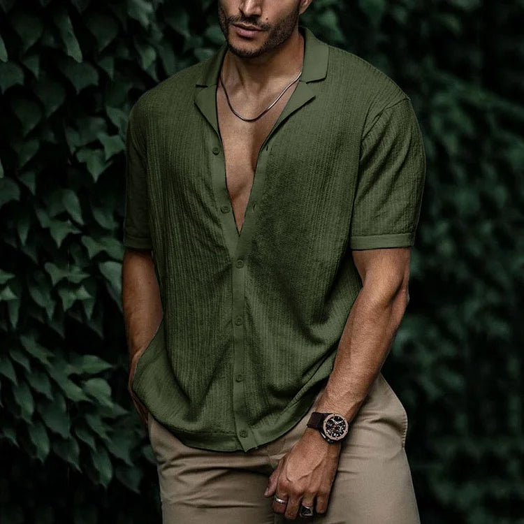 Wyatt | Men’s Short Sleeve Button Front Shirt | Open Collar Solid Color Casual Wear-Men Shirt-Pick NewYork